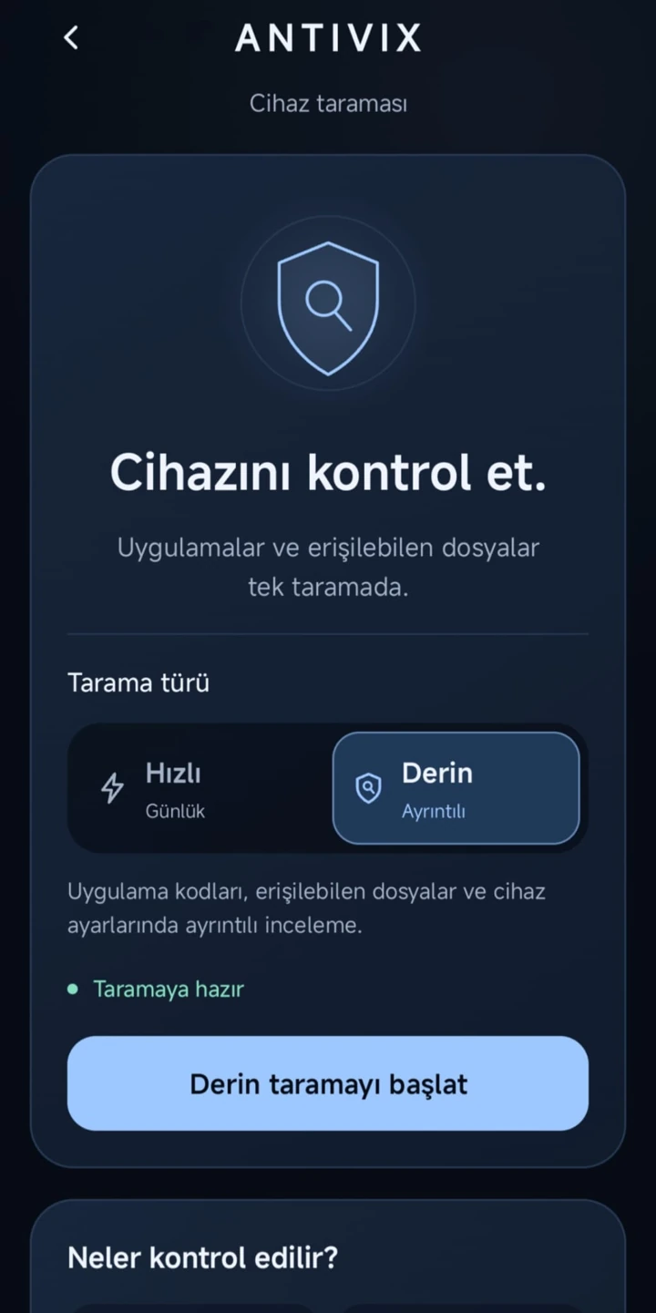 Antivix derin tarama seçim ekranı
